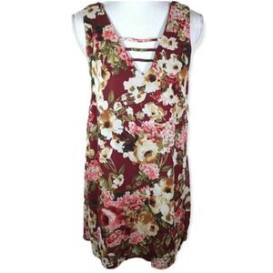 BLUE RAIN BURGUNDY, PINK, & CREAM FLORAL SLEEVELESS DRESS SZ.M EUC.